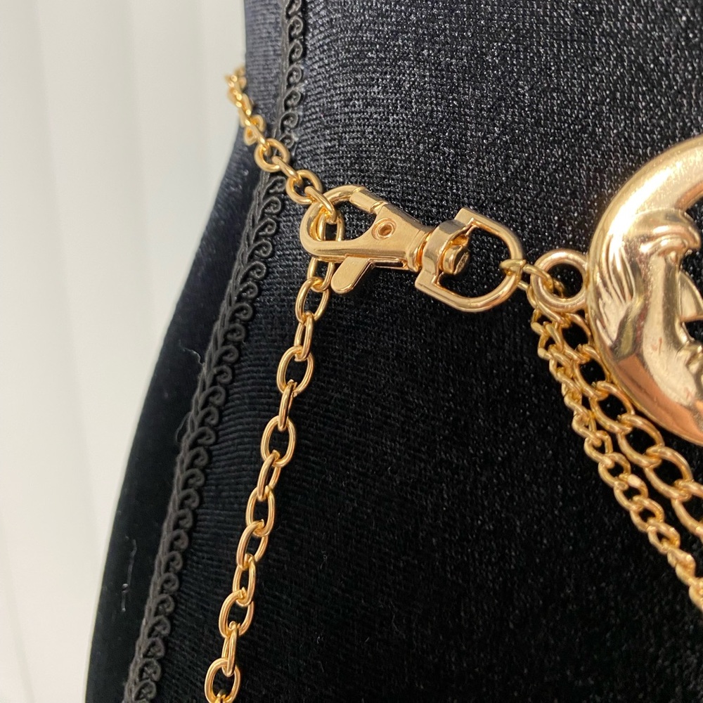 Celestial Crescent Moon Multi Layer Chain Statement Belt Metal Waist Belt Gold - Picture 5 of 11
